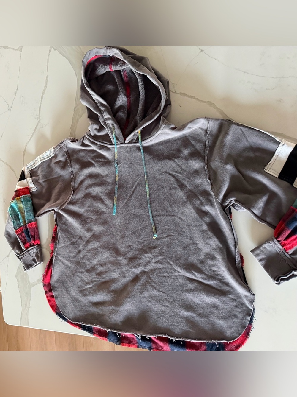 Easel Gray Hoodie with Red Plaid Trim